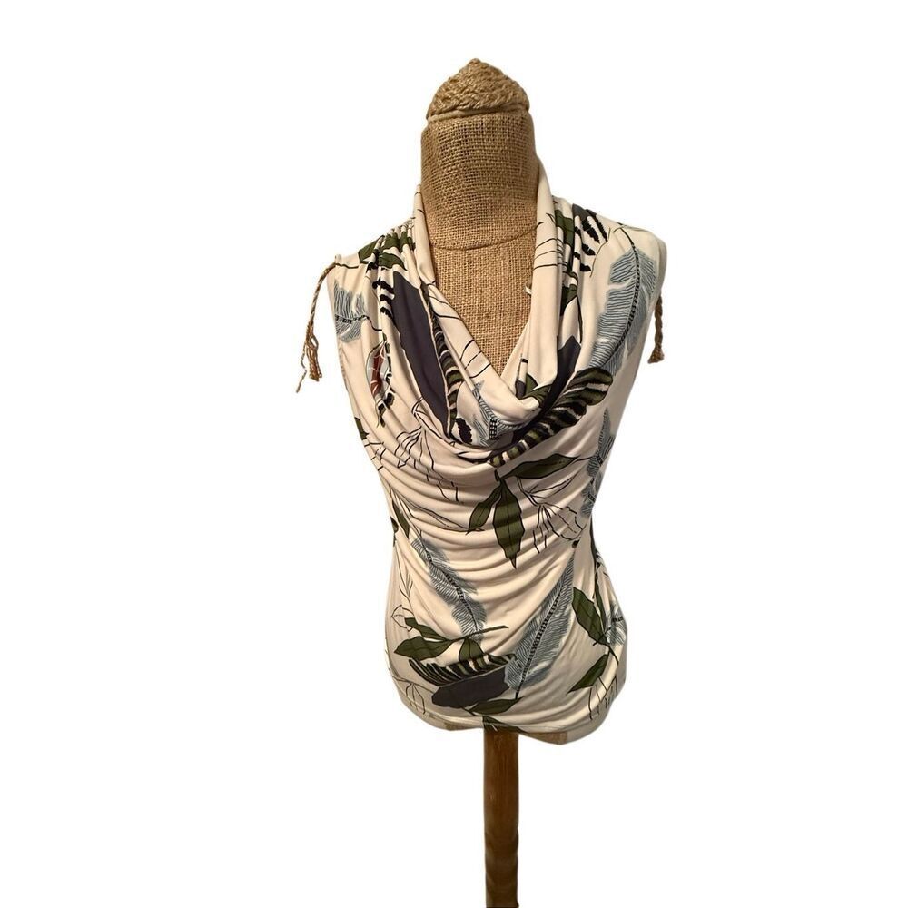 Tahari sleeveless cowl neck blouse sz small leaves cream/green